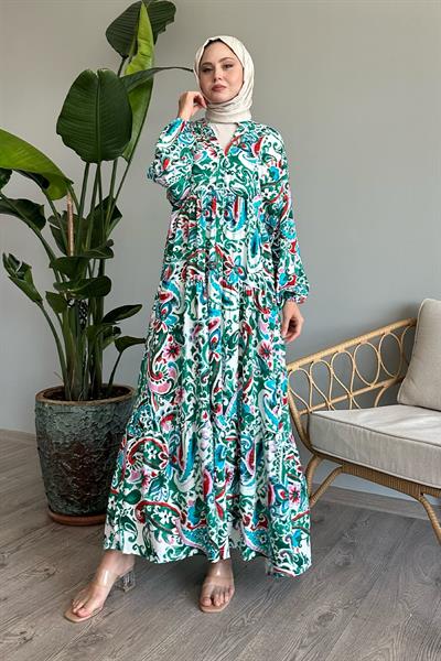 Renkli Şal Desen Zümrüt Viskon Elbise