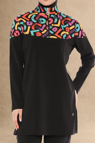 Renkli Yaka 4 Parçalı Siyah Tesettür Mayo 6224A