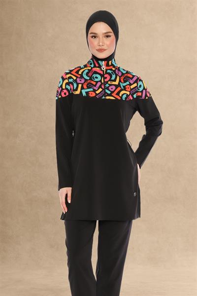 Renkli Yaka 4 Parçalı Siyah Tesettür Mayo 6224A