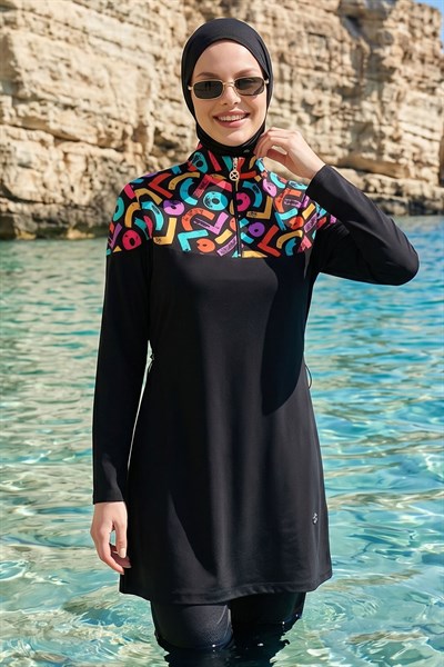 Renkli Yaka 4 Parçalı Siyah Tesettür Mayo 6224A