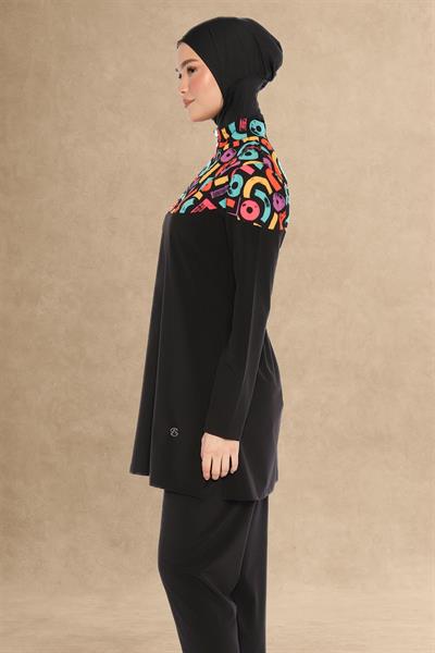Renkli Yaka 4 Parçalı Siyah Tesettür Mayo 6224A