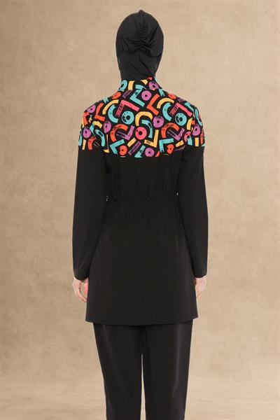 Renkli Yaka 4 Parçalı Siyah Tesettür Mayo 6224A