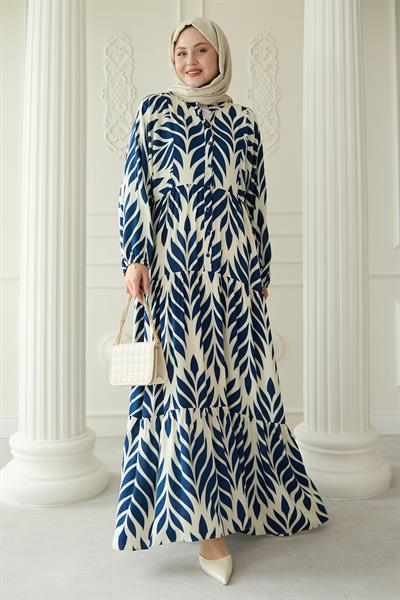 Renkli Yaprak Desenli Viskon Lacivert Elbise