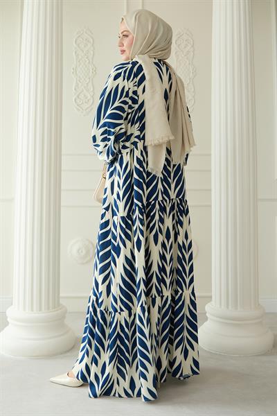 Renkli Yaprak Desenli Viskon Lacivert Elbise