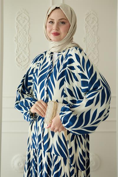 Renkli Yaprak Desenli Viskon Lacivert Elbise