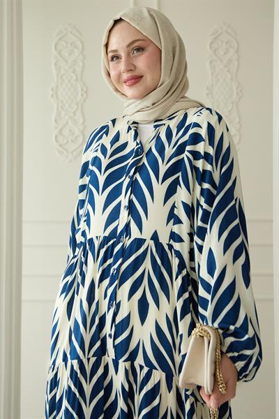 Renkli Yaprak Desenli Viskon Lacivert Elbise