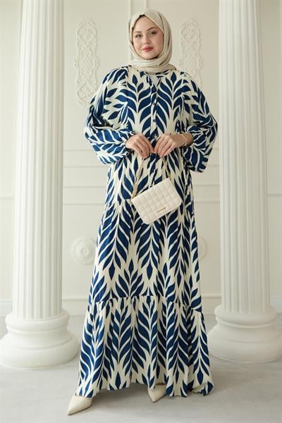Renkli Yaprak Desenli Viskon Lacivert Elbise