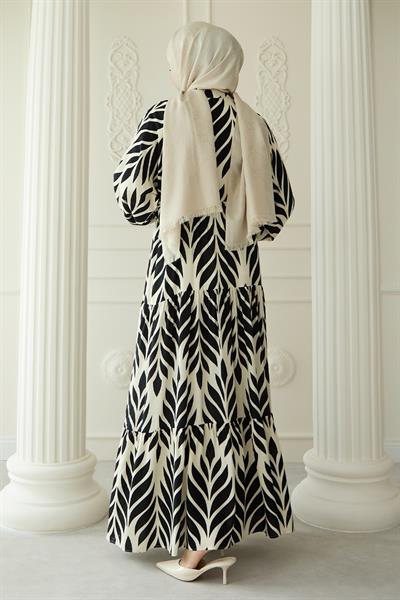 Renkli Yaprak Desenli Viskon Siyah Elbise