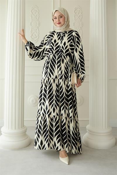 Renkli Yaprak Desenli Viskon Siyah Elbise