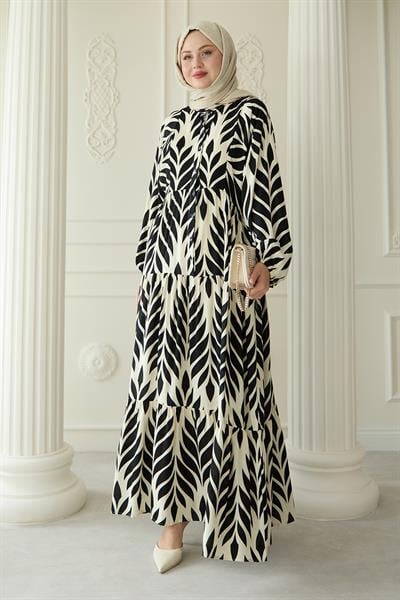 Renkli Yaprak Desenli Viskon Siyah Elbise