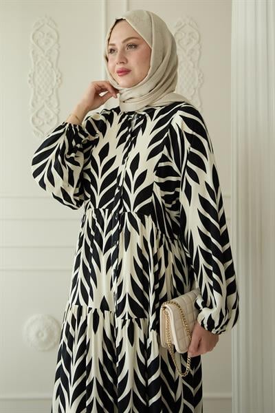 Renkli Yaprak Desenli Viskon Siyah Elbise