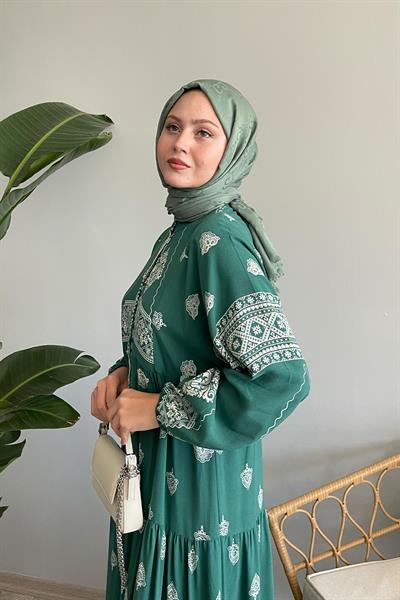 Retro Etnik Mint Viskon Elbise