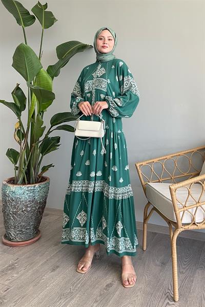 Retro Etnik Mint Viskon Elbise