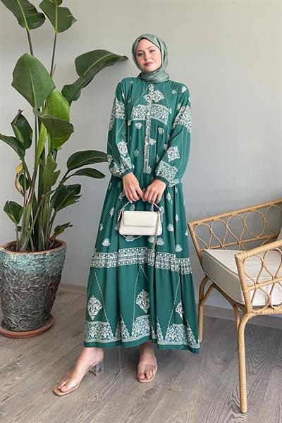 Retro Etnik Mint Viskon Elbise
