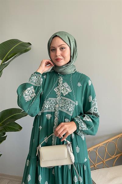 Retro Etnik Mint Viskon Elbise