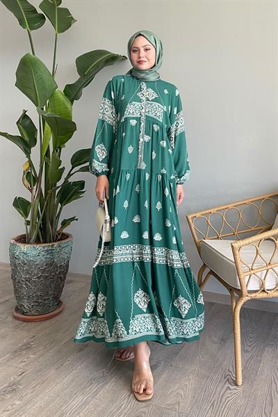 Retro Etnik Mint Viskon Elbise