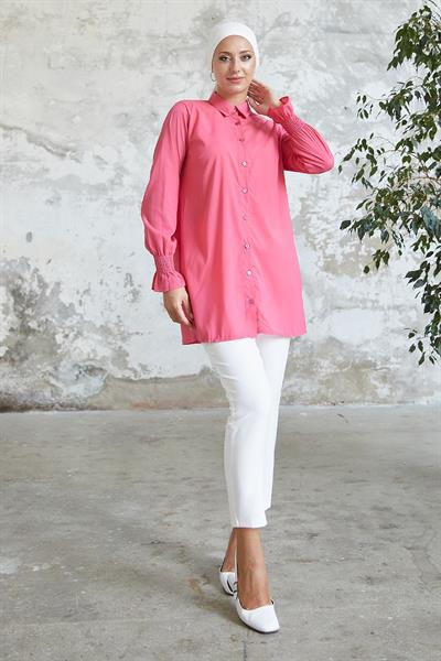 Reya Kolu Büzgü Gömlek - Fuşya