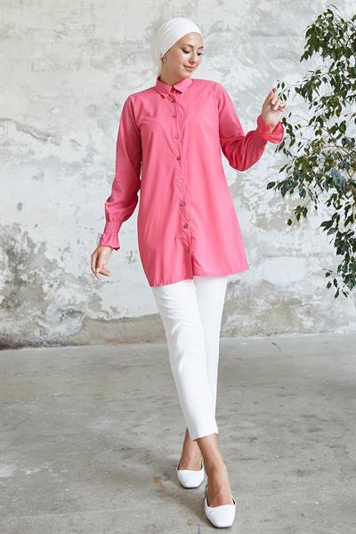 Reya Kolu Büzgü Gömlek - Fuşya