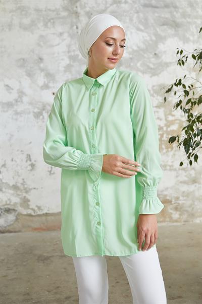 Reya Kolu Büzgü Gömlek - Su Yeşili