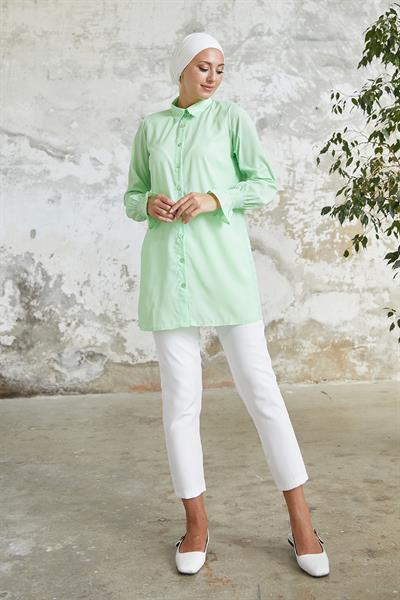 Reya Kolu Büzgü Gömlek - Su Yeşili