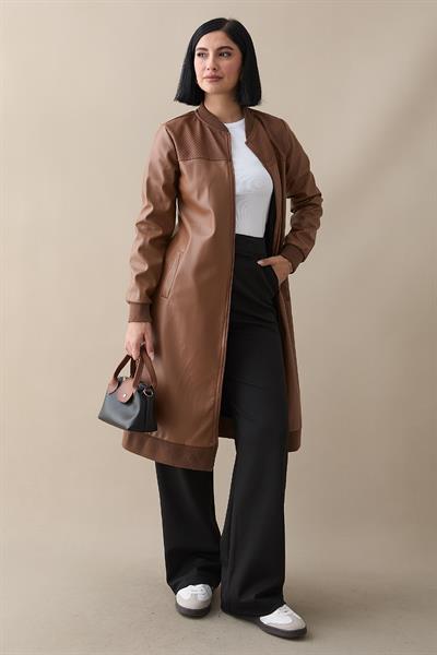 Ribanalı Fermuarlı Deri Kahverengi Kap