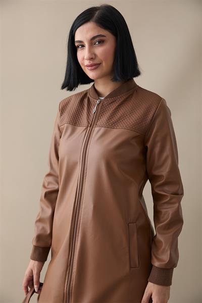 Ribanalı Fermuarlı Deri Kahverengi Kap