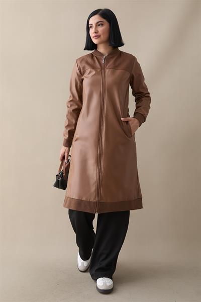 Ribanalı Fermuarlı Deri Kahverengi Kap