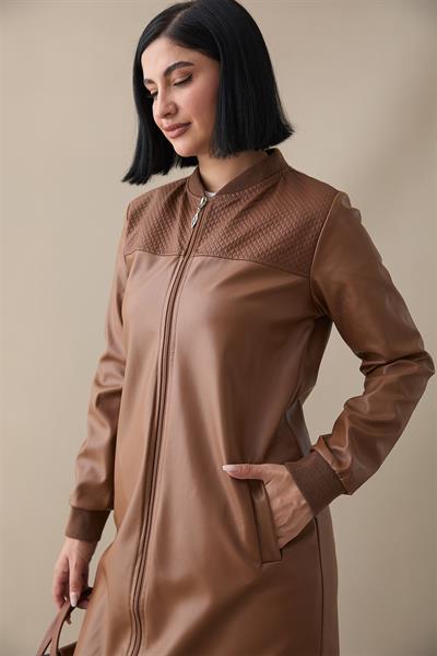 Ribanalı Fermuarlı Deri Kahverengi Kap