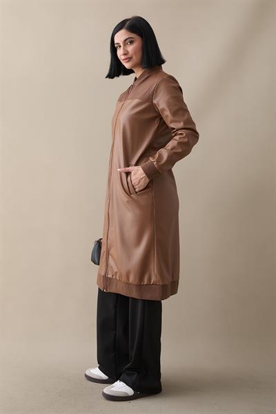 Ribanalı Fermuarlı Deri Kahverengi Kap