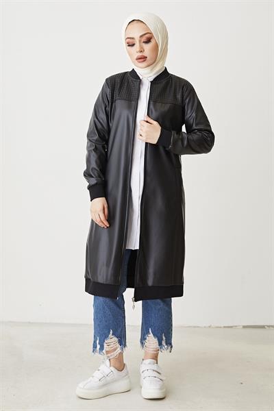 Ribanalı Fermuarlı Deri Siyah Kap