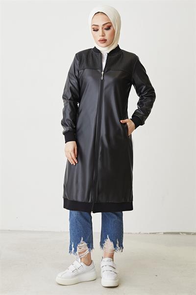 Ribanalı Fermuarlı Deri Siyah Kap