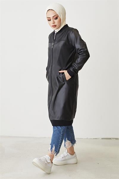 Ribanalı Fermuarlı Deri Siyah Kap