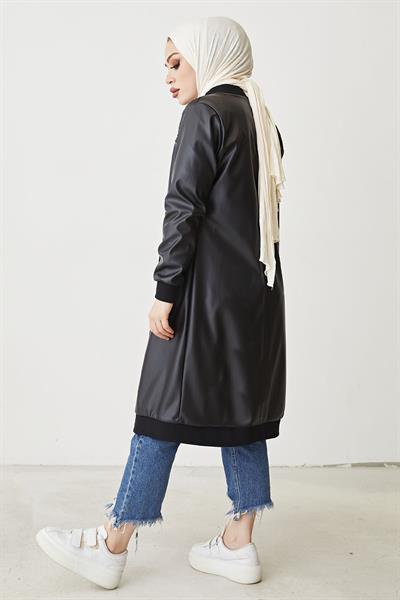 Ribanalı Fermuarlı Deri Siyah Kap