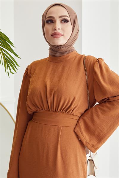 Rina Kendinden Kuşaklı Ayrobin Elbise - Turuncu