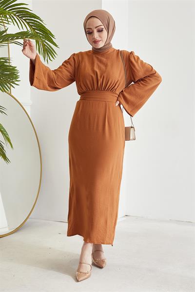 Rina Kendinden Kuşaklı Ayrobin Elbise - Turuncu