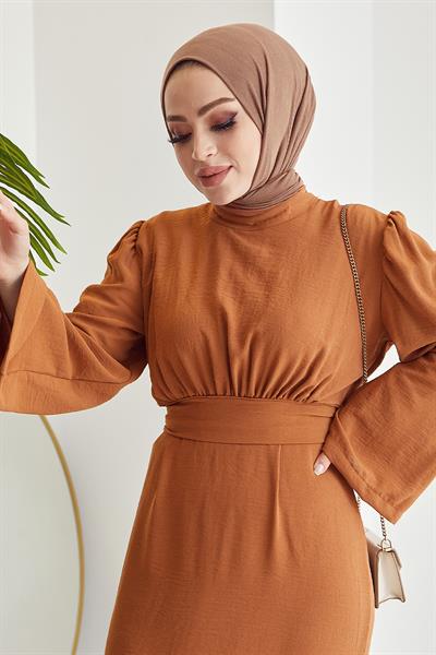 Rina Kendinden Kuşaklı Ayrobin Elbise - Turuncu