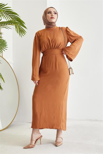 Rina Kendinden Kuşaklı Ayrobin Elbise - Turuncu