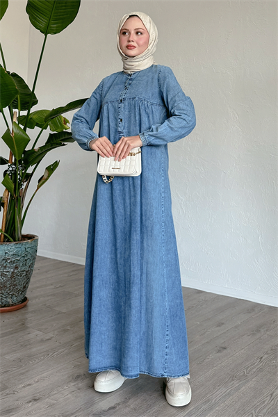 Robalı Patlı İndigo Kot Elbise