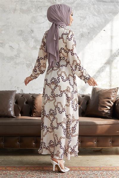 Ruby Zincir Desenli Kuşaklı Saten Elbise - Mor