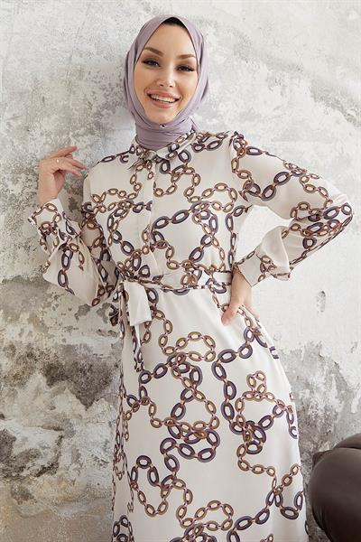 Ruby Zincir Desenli Kuşaklı Saten Elbise - Mor