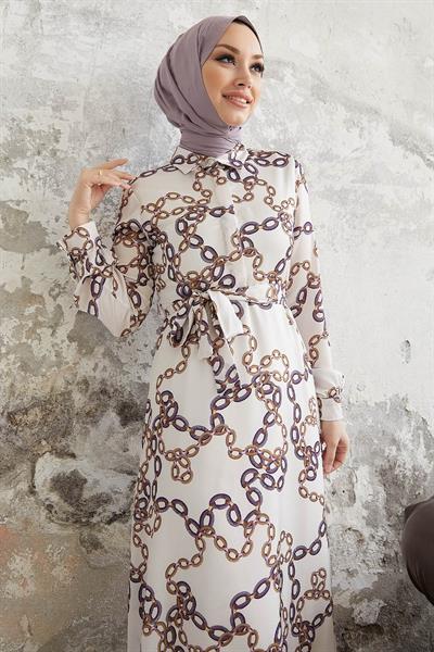 Ruby Zincir Desenli Kuşaklı Saten Elbise - Mor