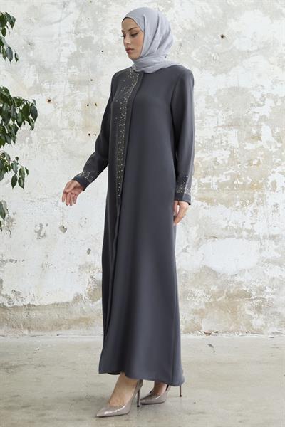 Sağ Kısmı Taş İşlemeli Antrasit Ferace