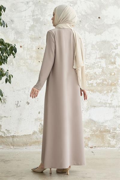 Sağ Kısmı Taş İşlemeli Bej Ferace