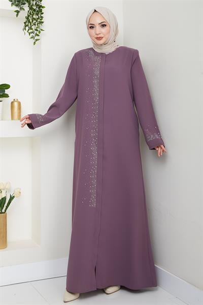 Sağ Kısmı Taş İşlemeli Gül Kurusu Ferace