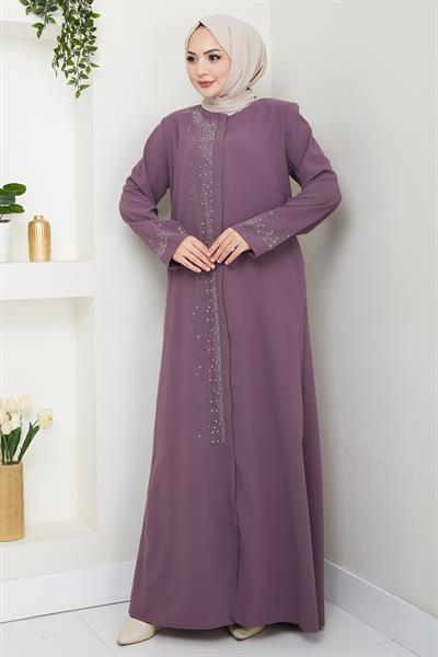 Sağ Kısmı Taş İşlemeli Gül Kurusu Ferace