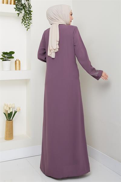 Sağ Kısmı Taş İşlemeli Gül Kurusu Ferace