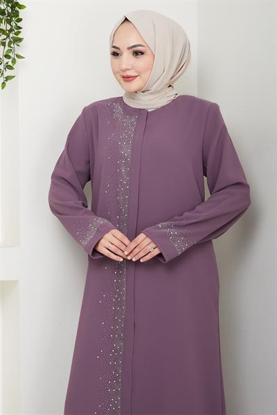 Sağ Kısmı Taş İşlemeli Gül Kurusu Ferace