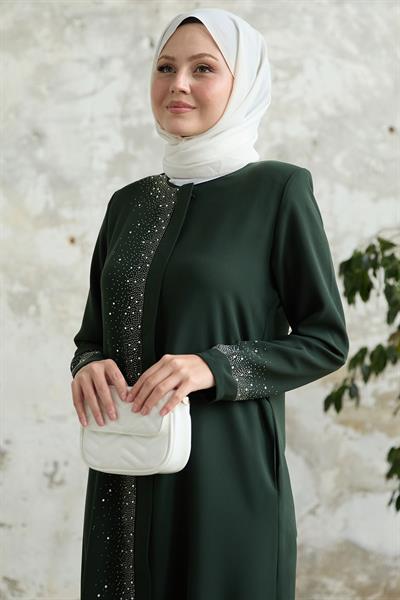 Sağ Kısmı Taş İşlemeli Haki Ferace