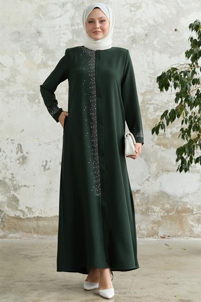 Sağ Kısmı Taş İşlemeli Haki Ferace