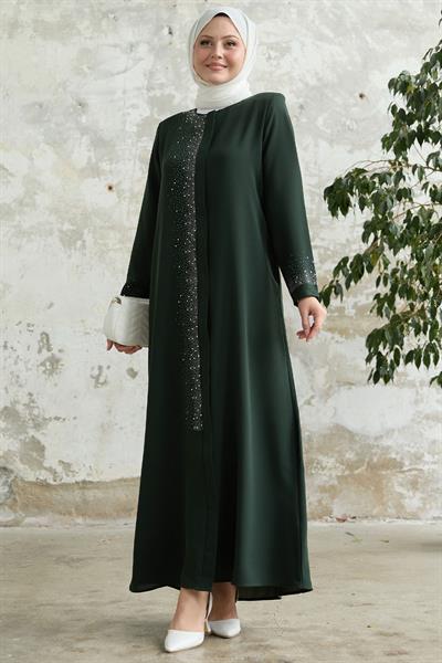 Sağ Kısmı Taş İşlemeli Haki Ferace